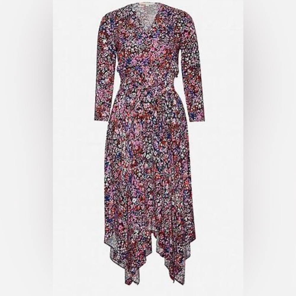 Maje Avianah Floral Asymmetrical Midi Dress Size 38 Black Pink Handkerchief - Picture 3 of 15